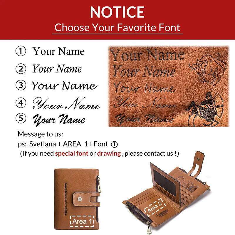 Contact's Name Engraving Genuine Leather Men Wallet Double Zipper Coin Purse Small Card Holder Money Clip Mens Bag Handbag Y260206