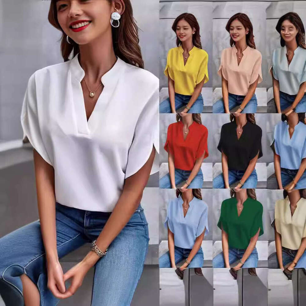 European and American Foreign Trade Women s Summer Casual Short Sleeve Solid Color V Neck Loose Shirt Top luanyun