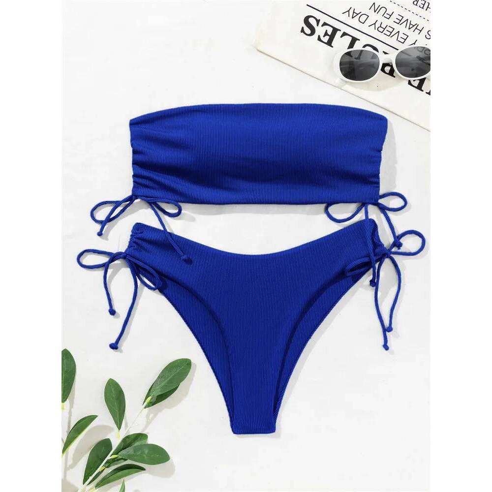 New Sexy Bandeau Bikini Set Bandage Lace Up Women Swimsuit Two-piece Solid Swimwear High Waist Brazilian Beach Bathing Suit C260207