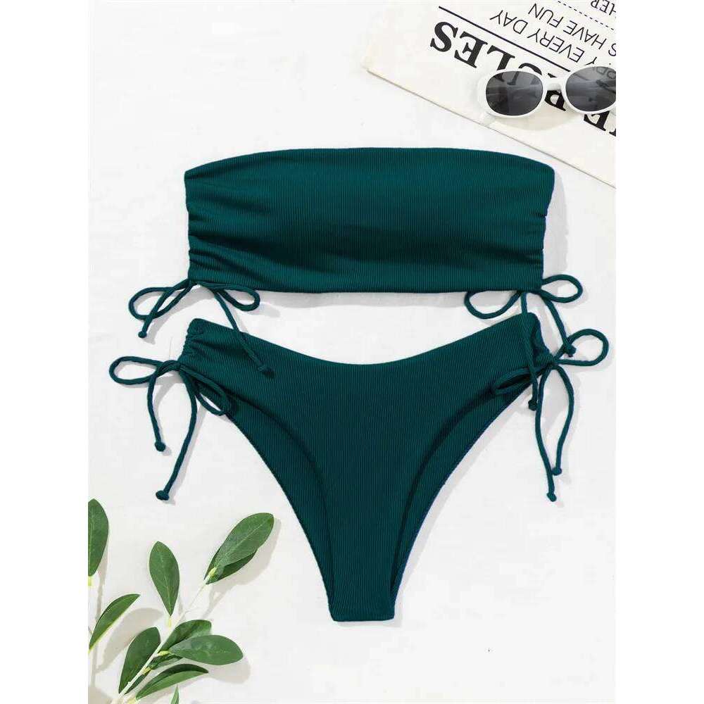New Sexy Bandeau Bikini Set Bandage Lace Up Women Swimsuit Two-piece Solid Swimwear High Waist Brazilian Beach Bathing Suit C260207