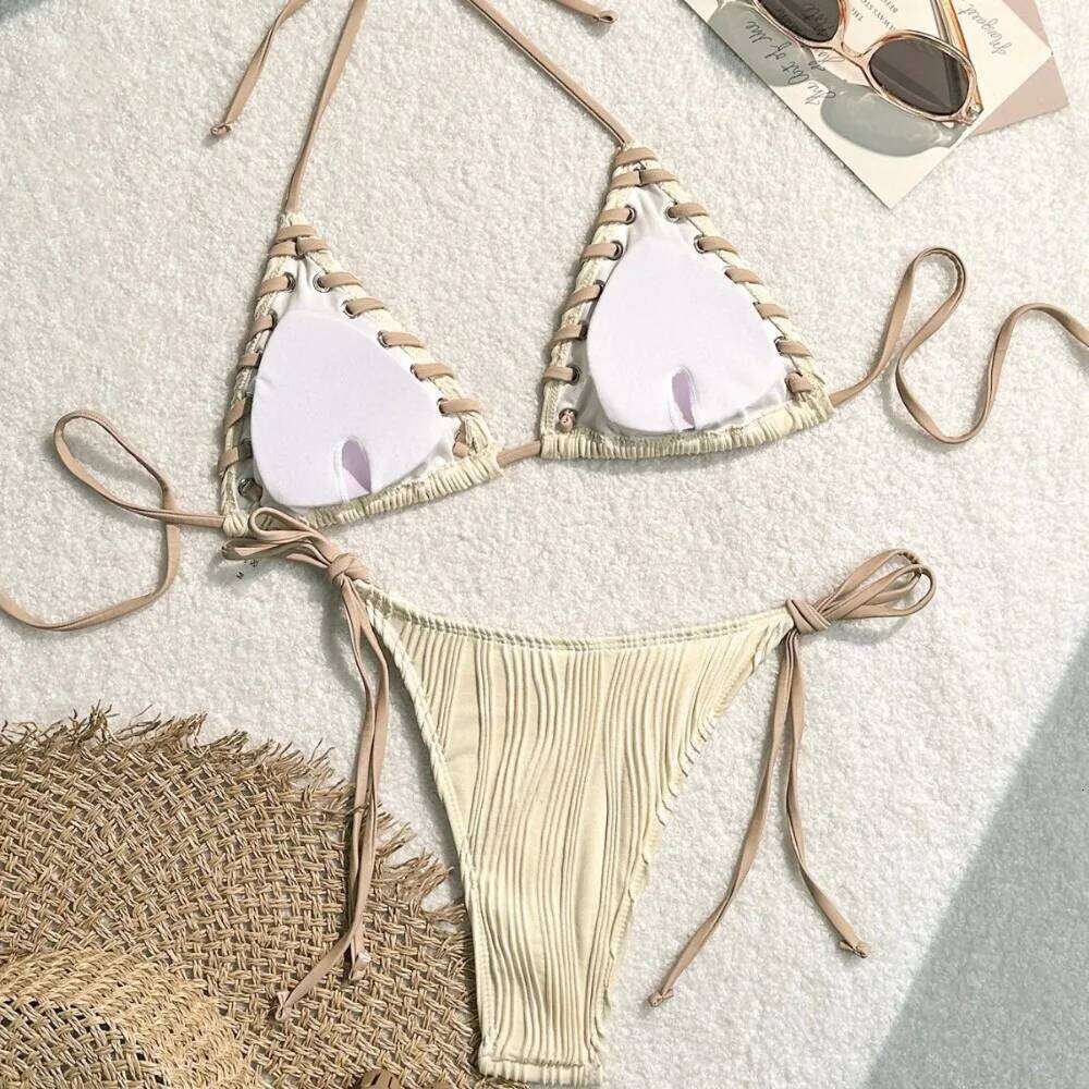 Bikinis Women Swimsuit Sexy Halter Triangle Lace Up Thong Micro Bikini Set Summer New Beachwear 2 Piece Bathing Suit C260207