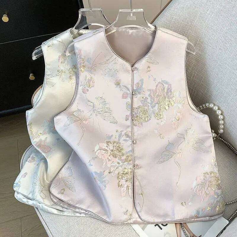 Spring Autumn Vintage Women Vest Clothes Chinese Style Coat Woman Waistcoat Fashion Embroidery Outfits Cardigan Ladies Jacket