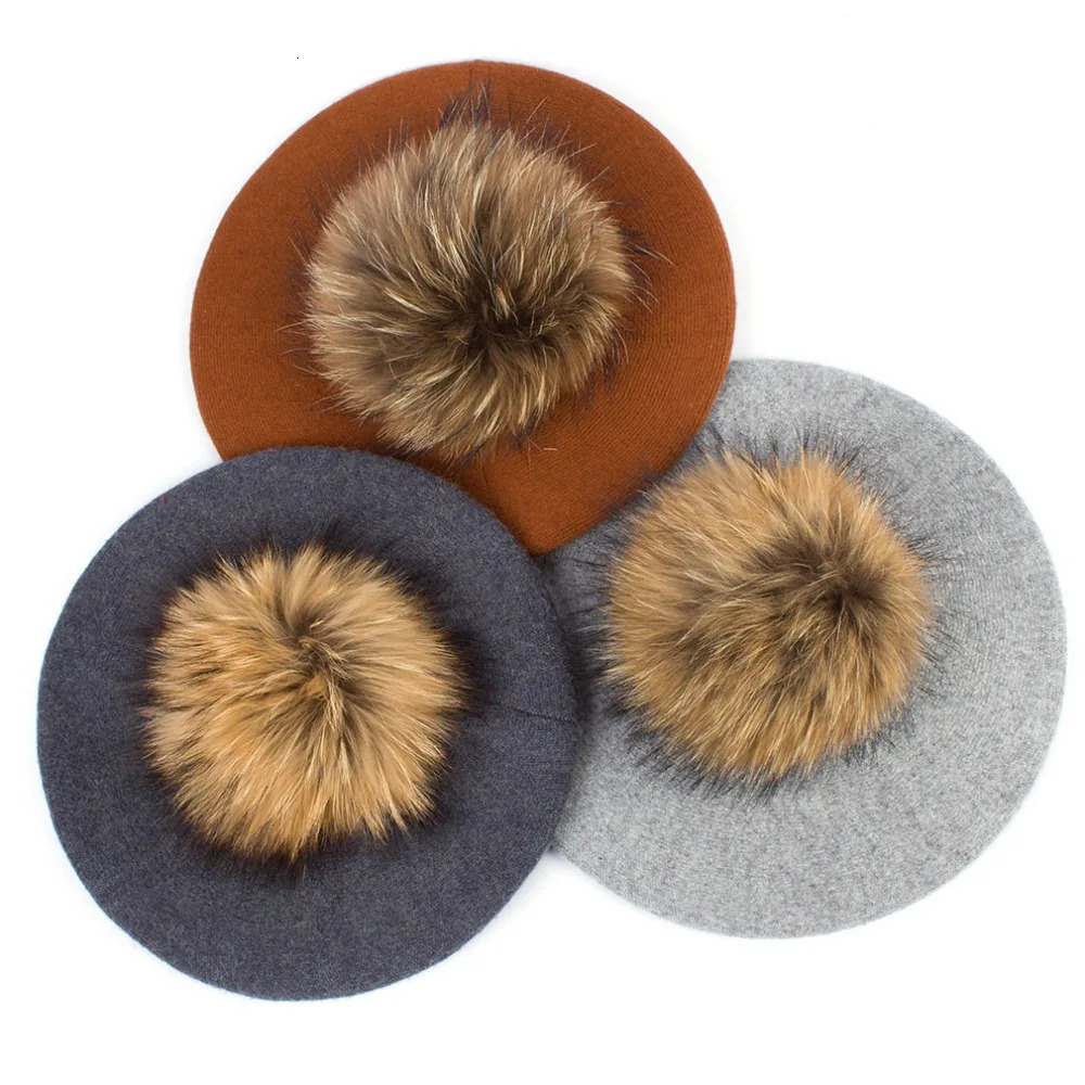 Geebro Women Berets Hat Winter Casual Knitted Wool Berets With Natural Raccoon Fur Pompon Ladies Solid Color Beret Hats GS110 260205
