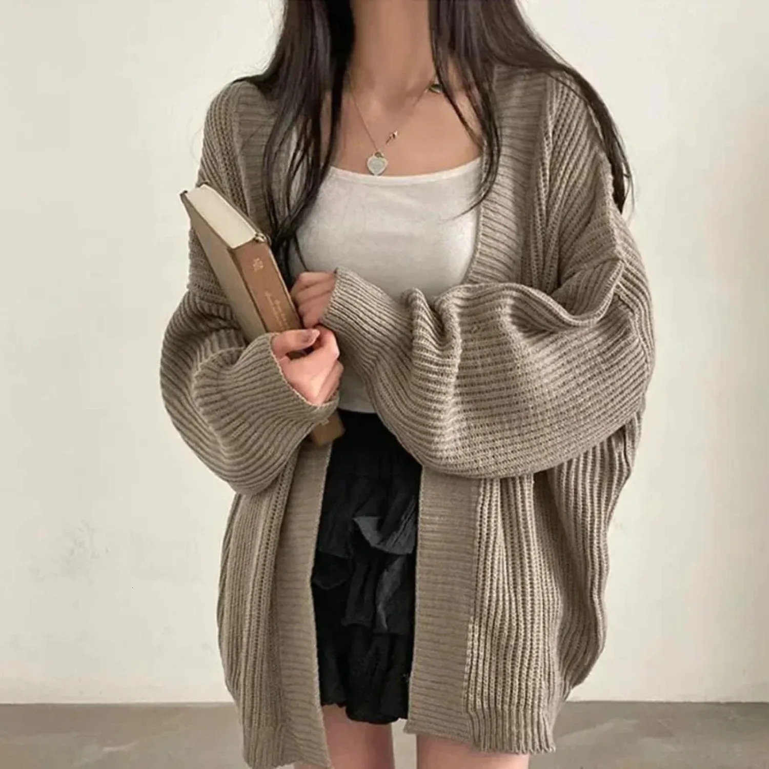 Vintage Oversize Cardigan Sweater Women Casual Loose Lazy Wind Korean Fashion Long Sleeve Lady Simple Tops Cardigan 260122