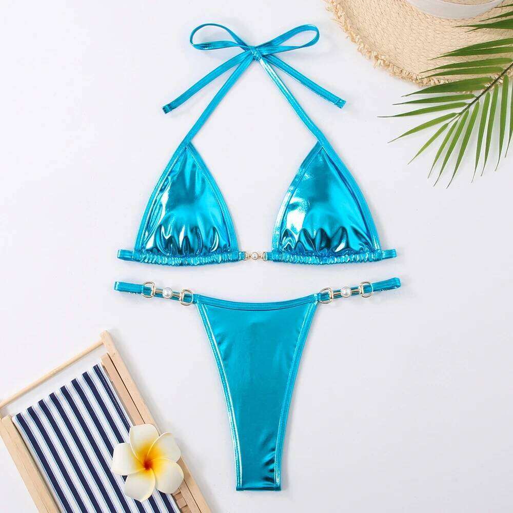 Para Praia Thong Swimsuit Women Halter Micro Bikini Set 2025 Solid Swimwear Brazilian Bathing Suit Beachwear C260207