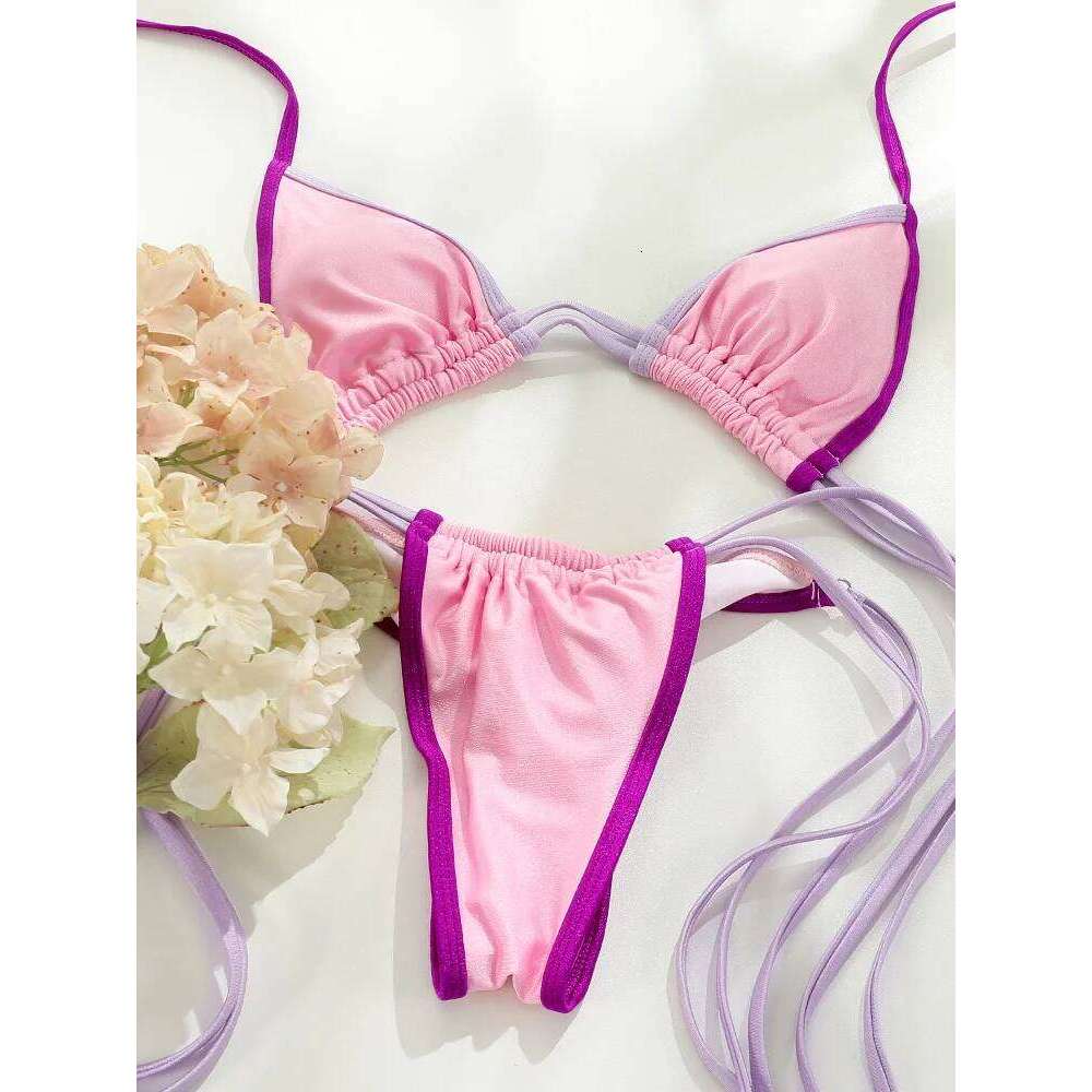 Triangle Bikinis Thong Swimwear for Women Sexy Swimsuit Bordered Bandage Beachwear Bathing Suit Solid Micro Bikini Female C260207
