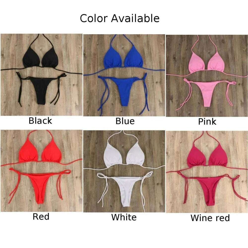 Women Thong Bikini Side Tie Sexy Bandage Style Brazilian Swimwear Neck Hanging Solid Color Adjustable Swimsuit Set C260207