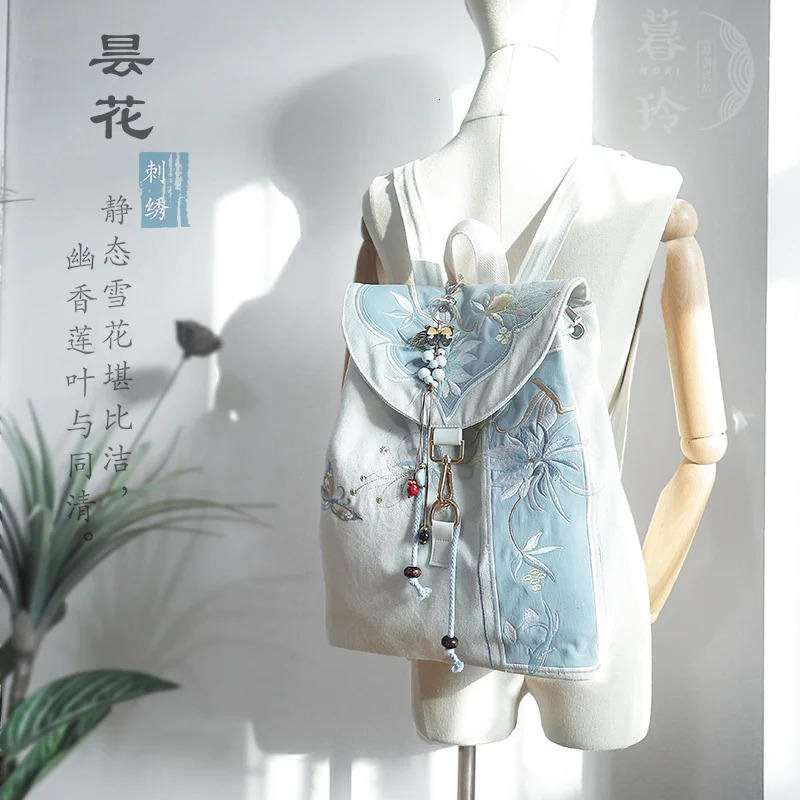 15Inch Retro Chinese Style Backpack Handmade Embroidery Canvas Bag with Zipper Laptop Drawstring Rucksack 260208