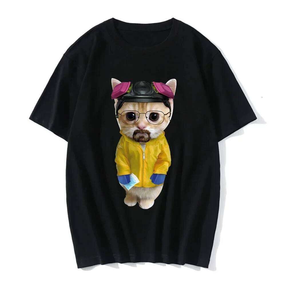 2025 Camiseta informal con estampado gato divertido, verano para mujerropa de moda camiseta C260207