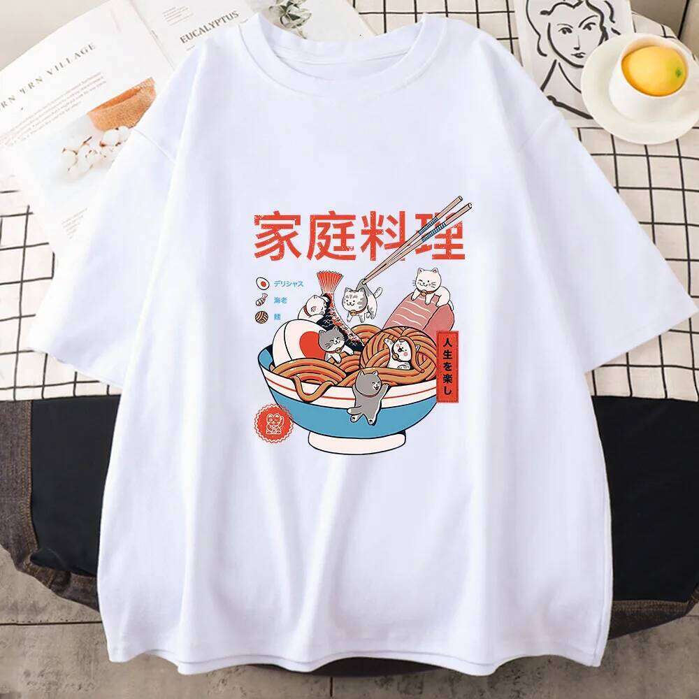 Ramen Cats Women Japanese Anime Characters T-shirts 100% Cotton Casual T Shirts Summer Harajuku Kawaii Clothing Slight Strech C260207