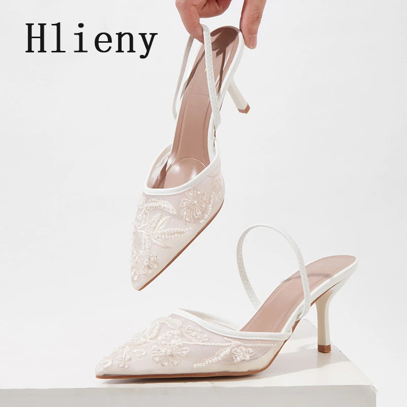 Hlieny White Women Wedding Pumps Mesh Embroidered Flowers Back Strap Sexy Slingback High Heels Dress Shoes Ladies 260208