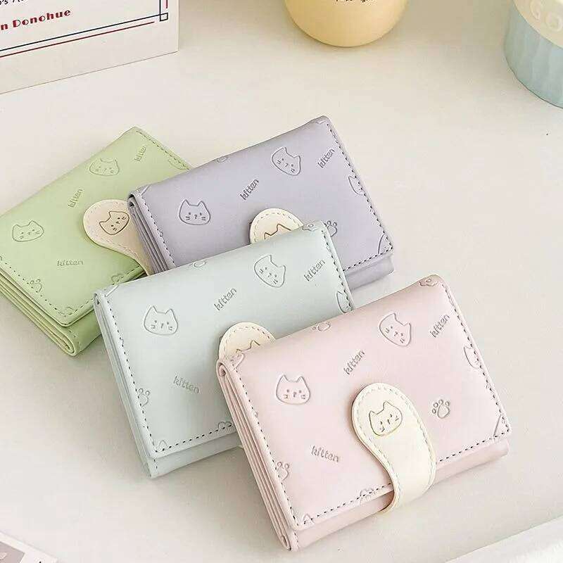 New Kitten Print Wallet 5 Color Money Bags Short Cute Small Women's Student Girl ID Bag Card Holder Coin Purse Y260206