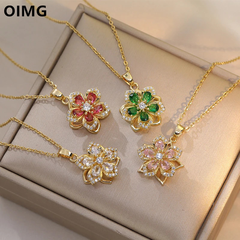 OIMG 316L Stainless Steel Gold Plated Romantic Rotatable Flower Zirconia Pendant Necklace For Women Girls Charm y Jewelry 260206
