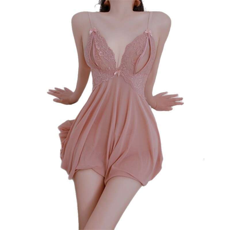 Sexy Lace Sheer Nightdress Women Deep V Neck Transparent Slip Dress with Built-in Bra, Elegant & Seductive Sleepwear for Intimate Moments