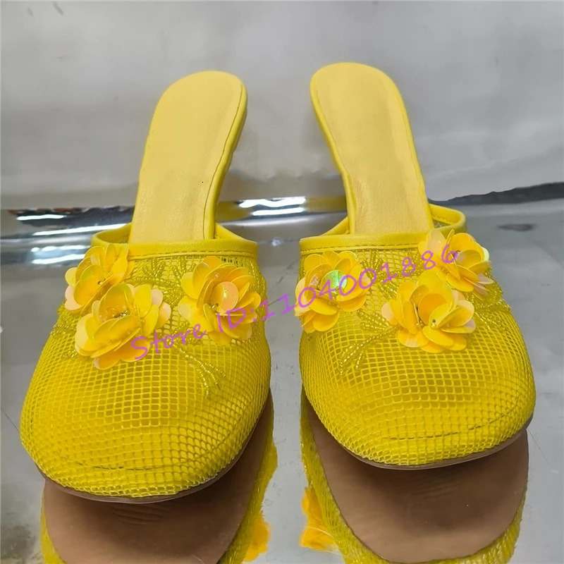 Novelty Mesh Sequin Wedges Slipper Chinese Beadwork Floral Decor Strange Heel Sandals Summer Round Toe High Heels 260208
