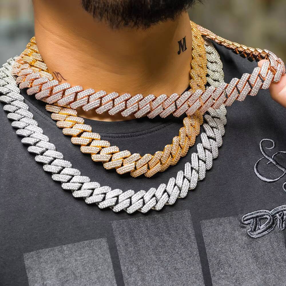 Hip Hop Gold Filled Link Bracelet Chain Set 20MM 3 Rows Diamond Cuban Choker Necklace Mens Miami Iced Out vvs moissanite Prong Cuban Chain