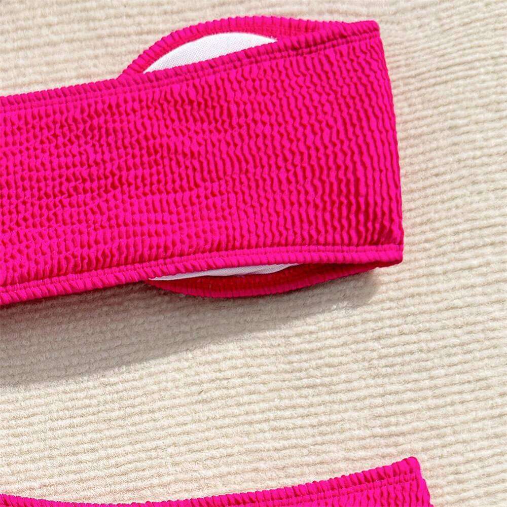 Sexy Rose Red Bikini Bandeau Swimsuit Y2K Rib Vacation Swimwear Backless Strapless Bikinis Thong Women Beach Outfit Bathing Suit C260207