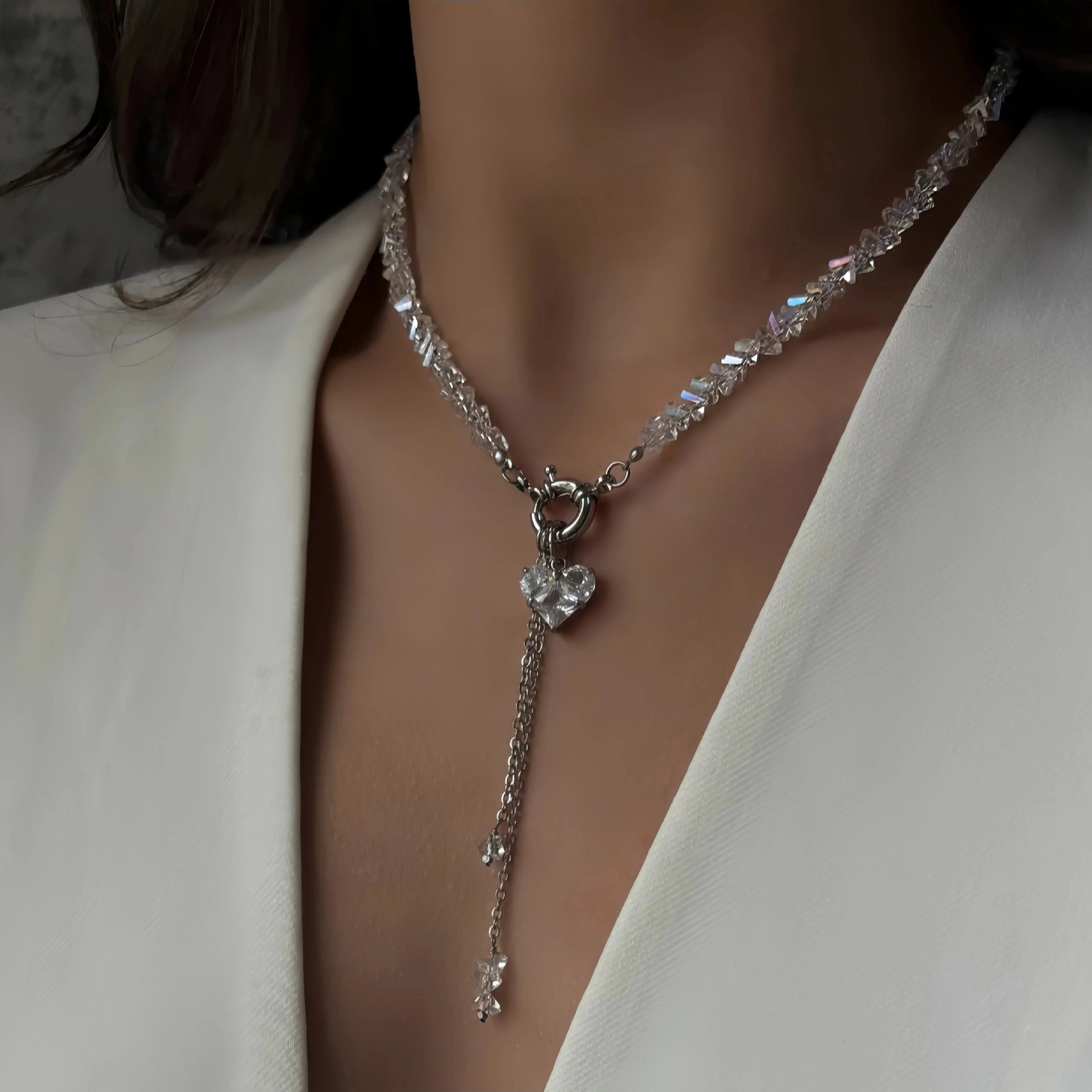 Fashion Vintage Black Geometric Crystal Chain Zircon crystal Heart-shaped Pendant Necklace For Women Female Boho Jewelry Neelry 260124