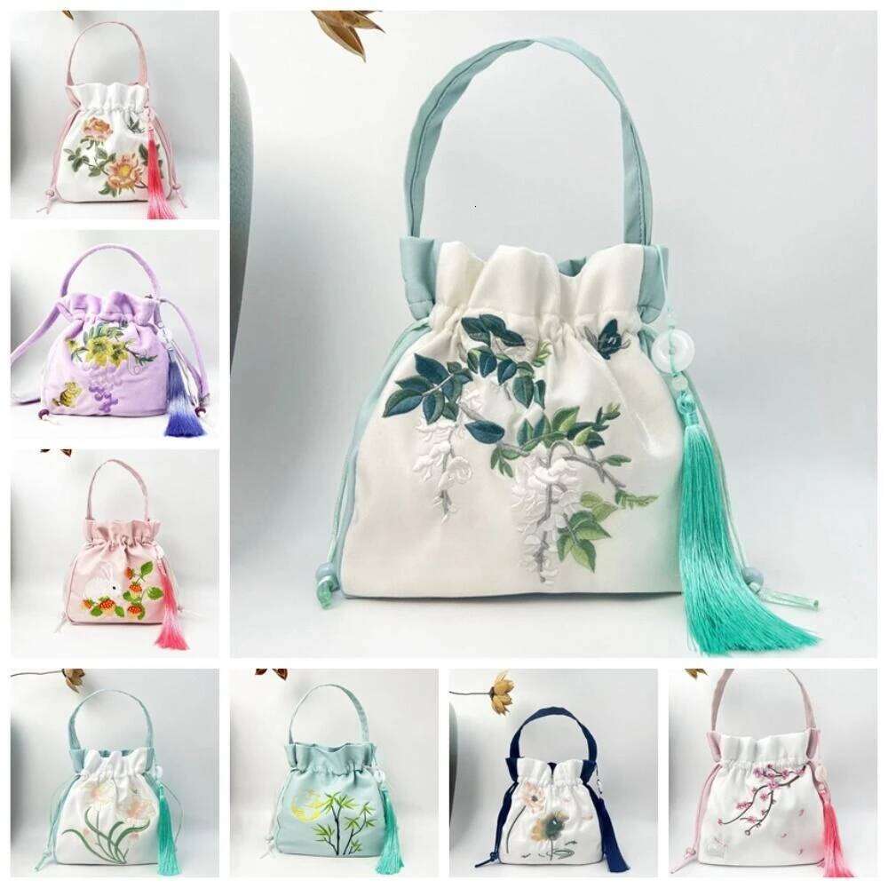 Ethnic Embroidery Drawstring Silk Satin Flower Bucket Bag Chinese Handbag Ancient Style Hanfu Accessories