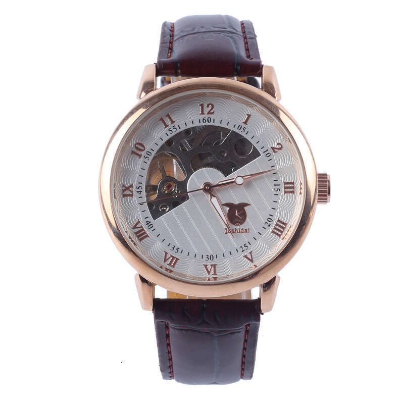 Hot-Selling Genuine Leather Men's Fashion Casual Skeleton Half hollow out Design Mechanical Watch