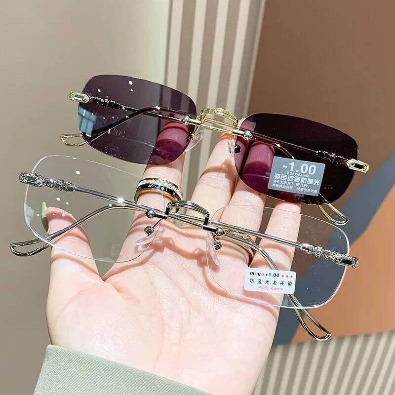 KLASSNUM Men Rimless Anti-Blue Photochromic Glasses Women Alloy Frame Ultra Light Computer Goggles Sunglasses 2025 Y260207