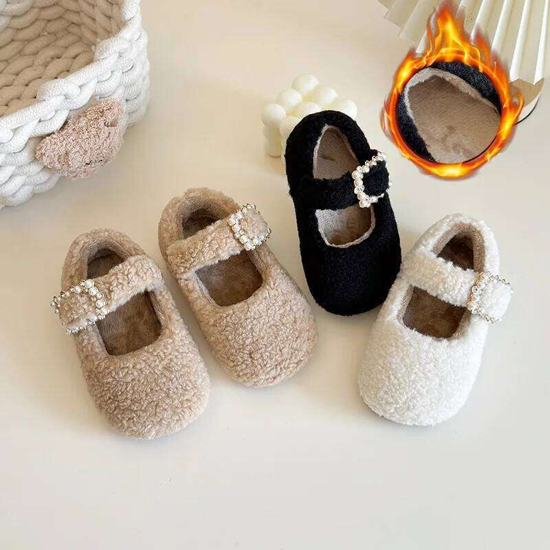 Children Winter Warm Thickened Casual Soft Soled Baby Girls Fashion Cotton Shoes Girl Pearl Velcro Square Toe H260207