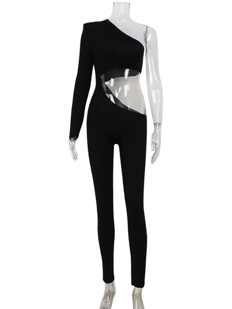 Ahagaga Sexy Club Womens Jumpsuits Single Sleeves Solid Skinny Hollow Out Long Pancil Pants Streetwear Causal Female Rompers 260126