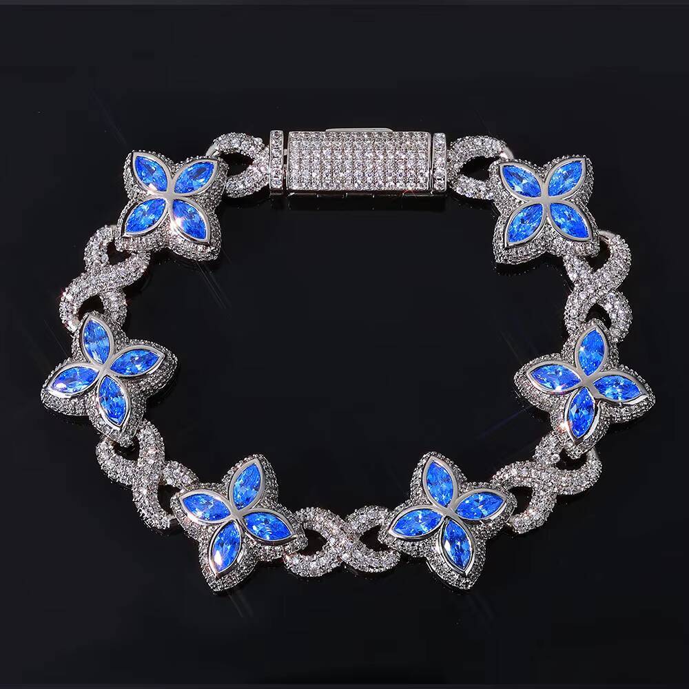 Flower Cross Four Leaf Clover Bracelet Iced Out Moissanite Chain Gold Plated Silver Miami Cuban Link Trendy Hip Hop Jewelry