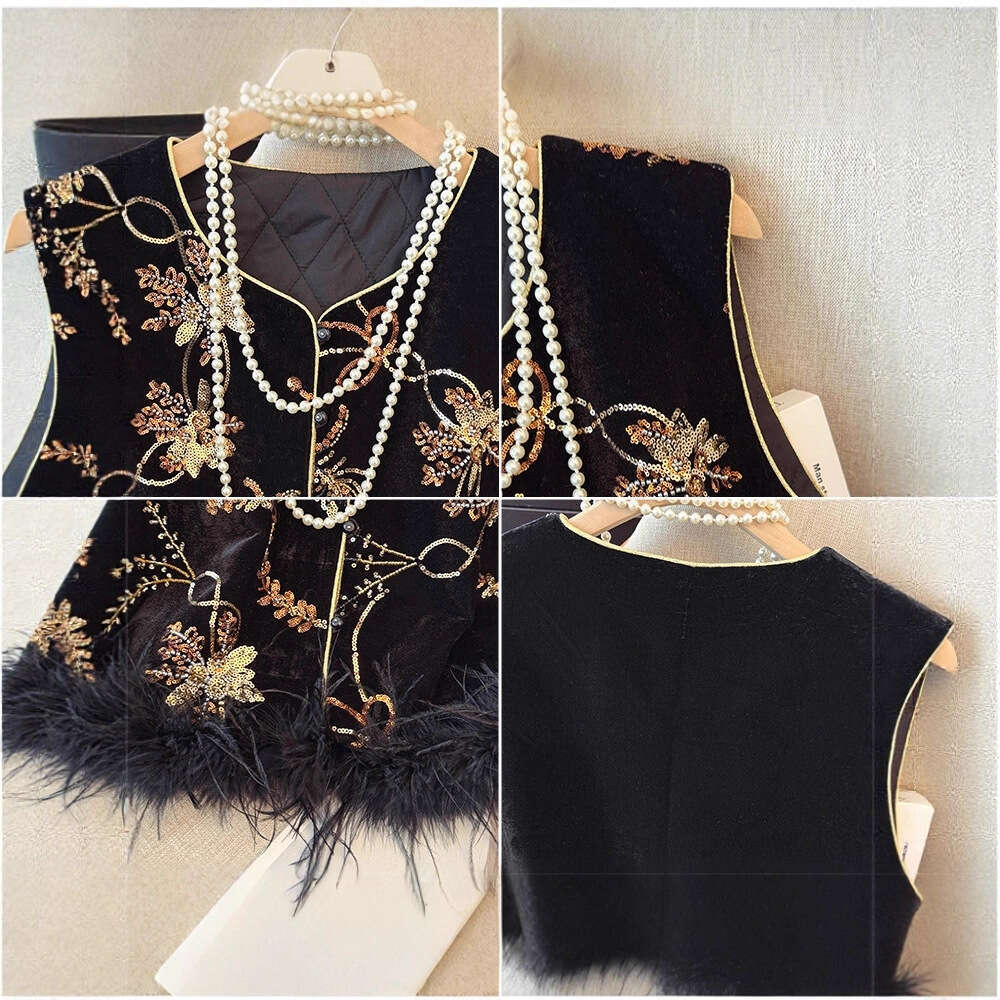 High-Quality Chinese Style Ostrich Feather Embroidered Jacket Women Autumn Sleeveless Retro Vest Top For Women Luanyun