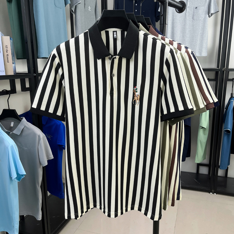 Free shipping 2026 summer new short sleeved striped light luxury casual embroidered pony lapel polo shirt