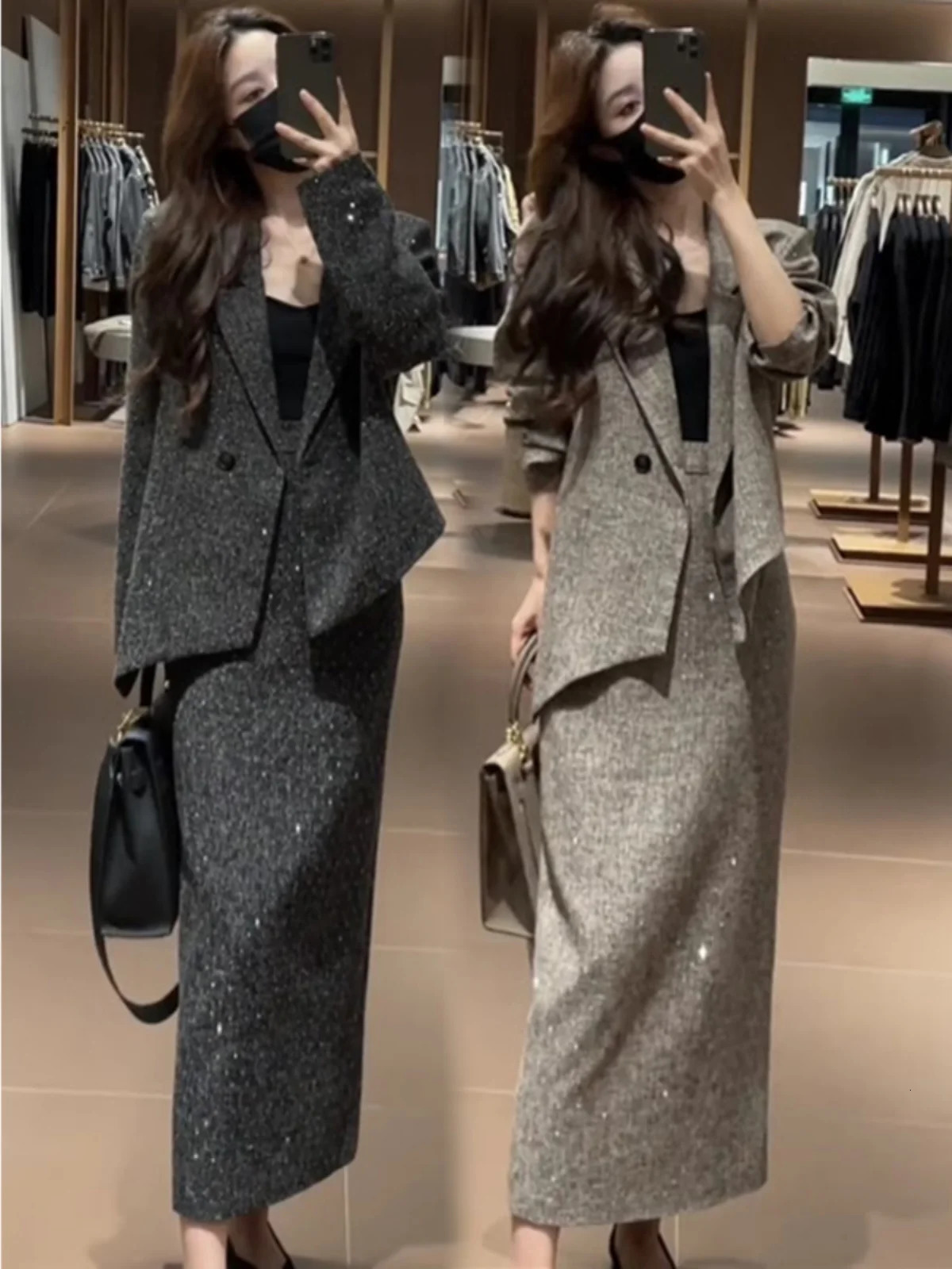 Faionable Diamond Embedded Womens Suit And Skirt Set Autumn Winter Two-Piece Ensemble Sle Long Sve Turn-down C 260122