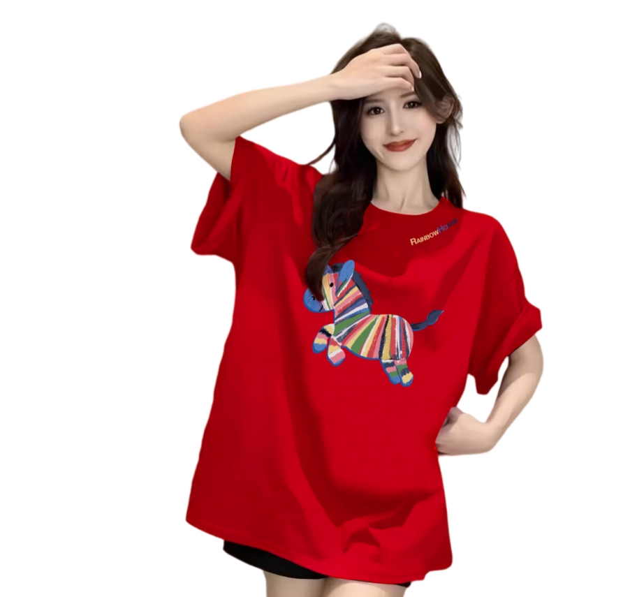 Women's T-Shirt Soft Stretchy Lucky Horse Print T-Shirt 2026 Red & Golden Lettering Round Neck Short Sleeve Casual Top