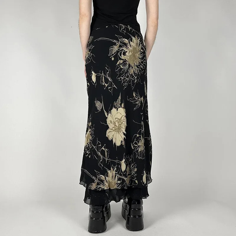 Goth Dark Y2K Aestheics Double Layer Mesh A-line Skirt Women Fashion Florals Print Slim Skirts Fairy Streetwear Gothic Bottoms 260122