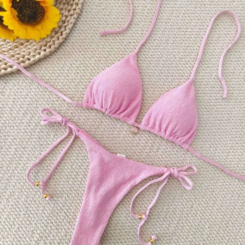 2026 Solid Color Bikini Sexy Strap Split Shell Suit Swimsuit Women C260207
