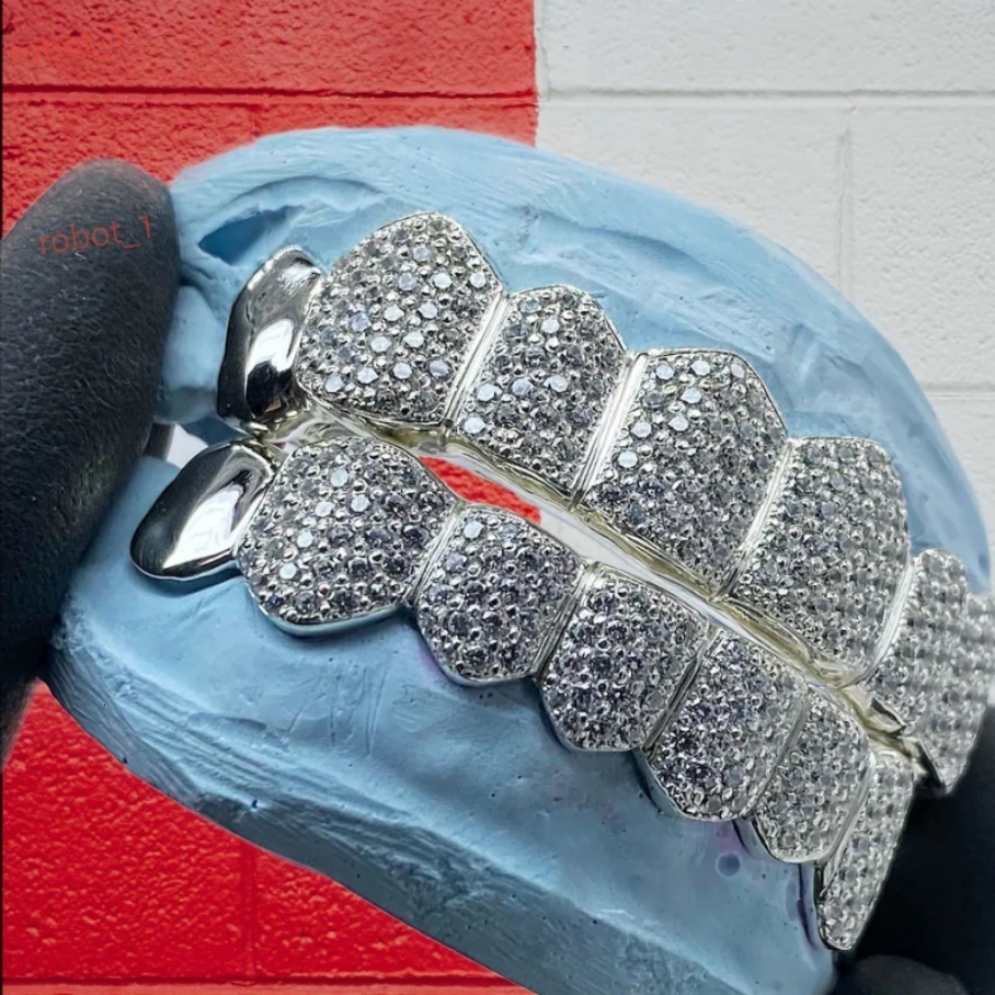 Custom Teeth Grillz Iced Out VVS Moissanite Diamond Honeycomb Setting S925 Silver with Solid End Caps Hip Jewelry