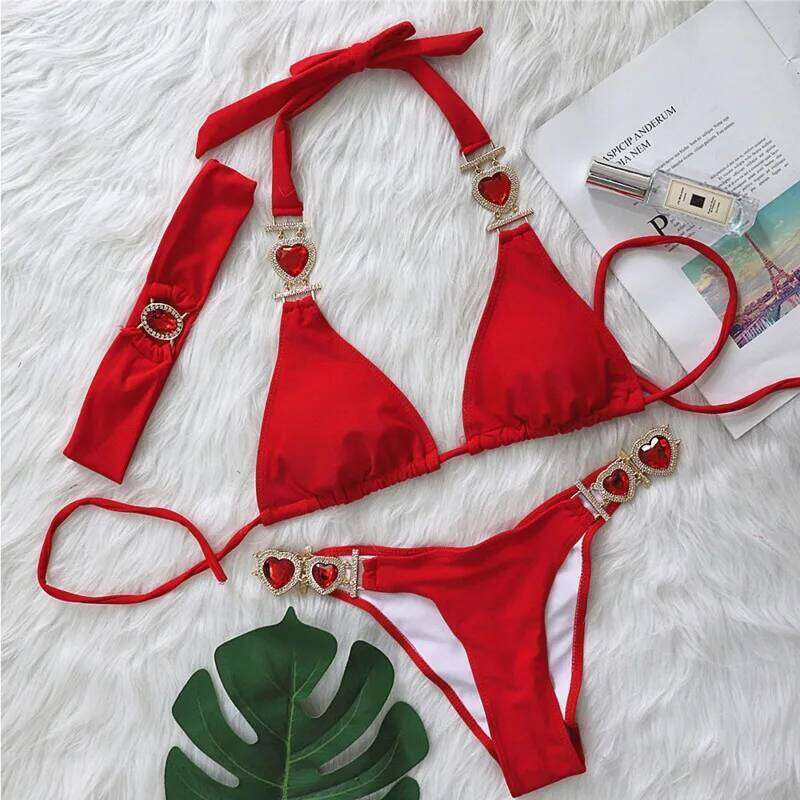 Pink Sexy Bikinis Swimsuit With Heart Rhinestones Women Swimwear Female Push Up Bikini Beach Swim Wear Bathing Suits Pool Bather C260207
