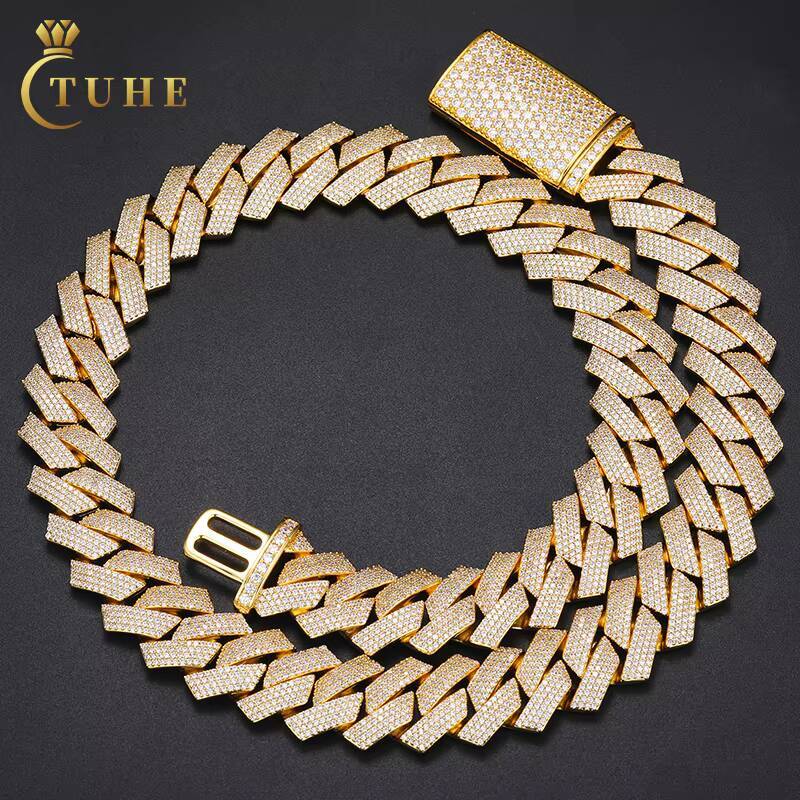 Wholesale Fashion Hip Jewelry 20mm Gold Plated silver 3 Rows vvs moissanite Diamond Iced Out Bling Miami Cuban Link Chain Necklace