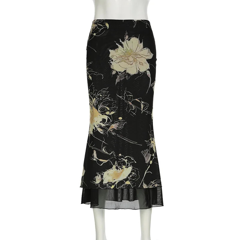 Goth Dark Y2K Aestheics Double Layer Mesh A-line Skirt Women Fashion Florals Print Slim Skirts Fairy Streetwear Gothic Bottoms 260122