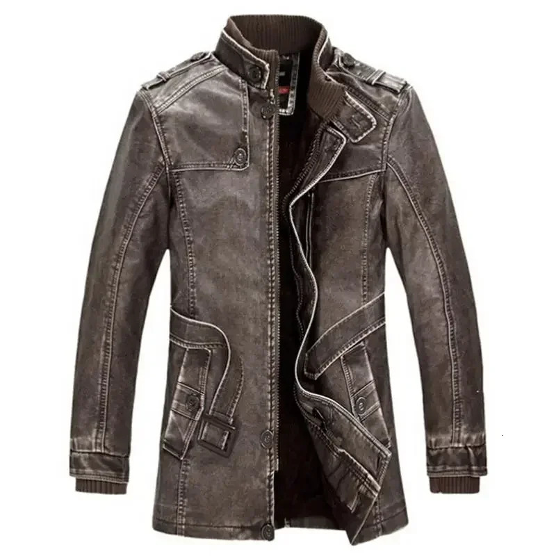 High Quality Leather Jacket Men Slim Warm Washed Motorcycle Biker Jackets Standing Collar Coat Plus size 4XL Long Parkas 260205