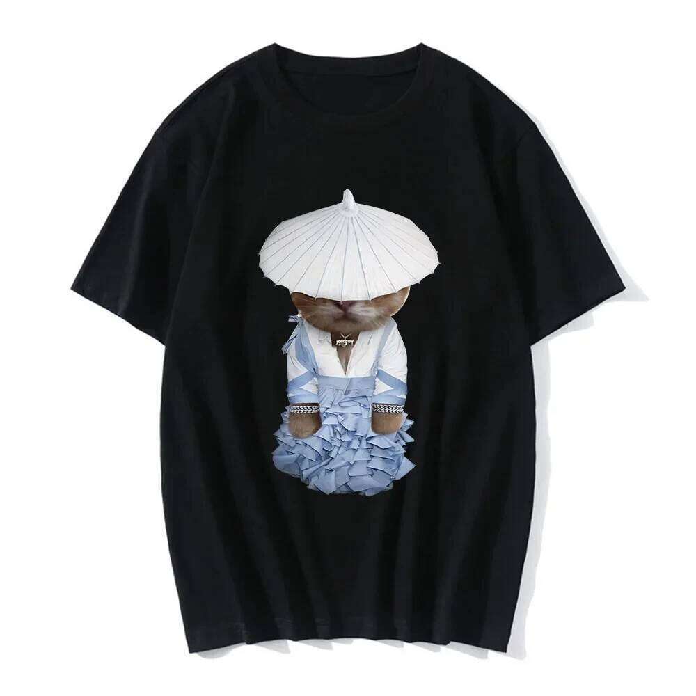 2025 Camiseta informal con estampado gato divertido, verano para mujerropa de moda camiseta C260207