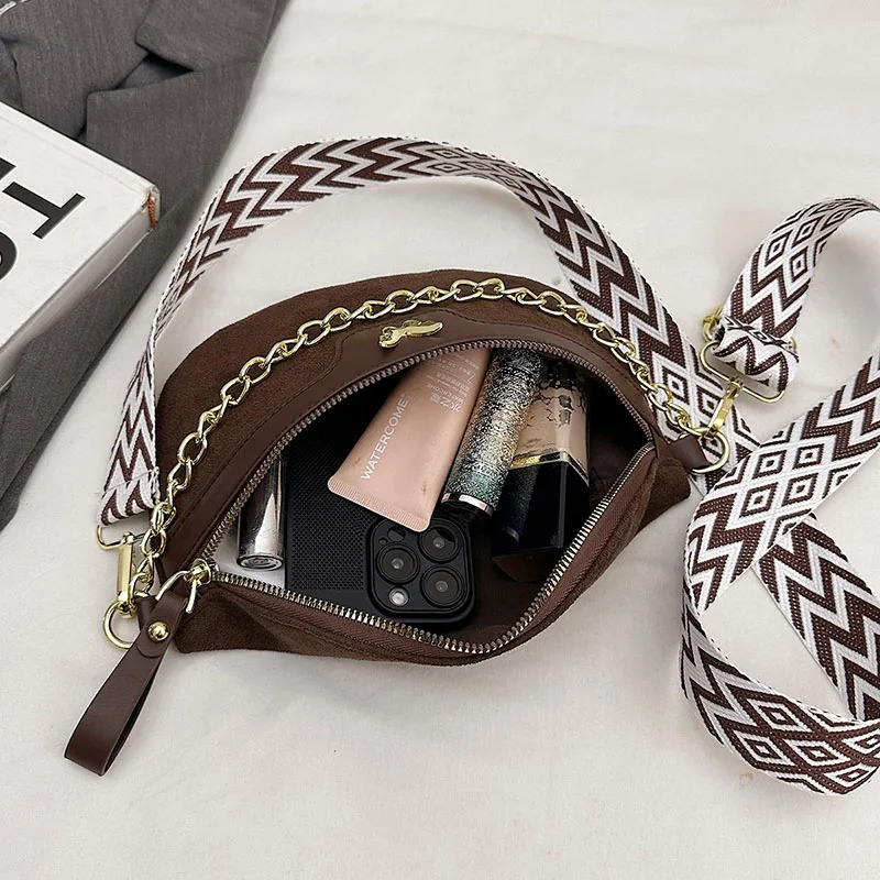 Faux Suede Chest Bag Bohemia Women Waist Bag PU Leather Handbag Chain Waist Pack Adjustable Strap Fashion Shoulder Crossbody Bag 260130