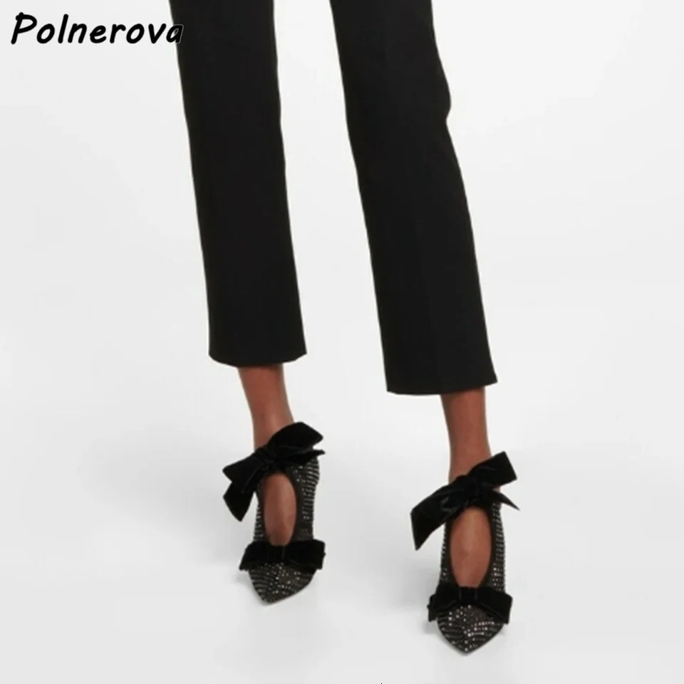 Air Mesh Butterfly Knot Pumps Hollow Black Thin Heels Pointy Toe Crystal Shoes Sexy Stiletto 260208