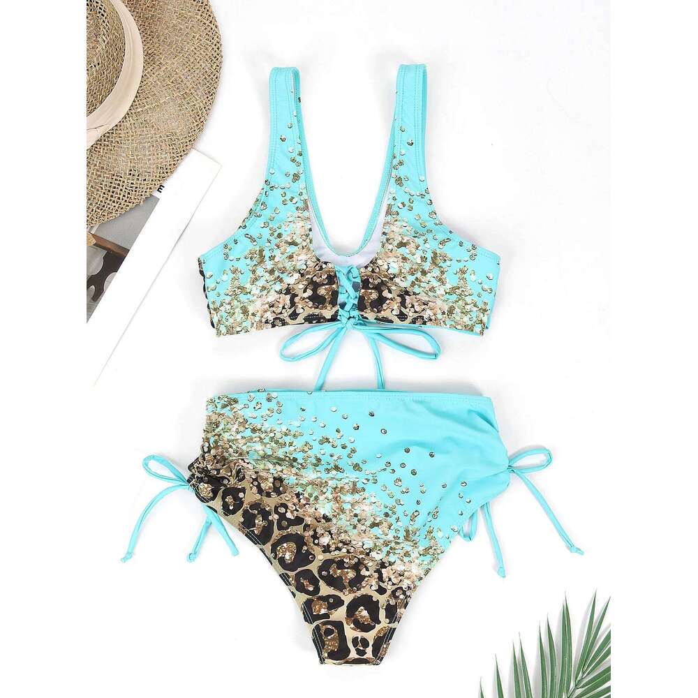 2025 Drawstring V Neck High Waist Bikini Women Printed Swimwear Female Swimsuit Bathers Bathing Swimming Suit Beachwear Summer C260207