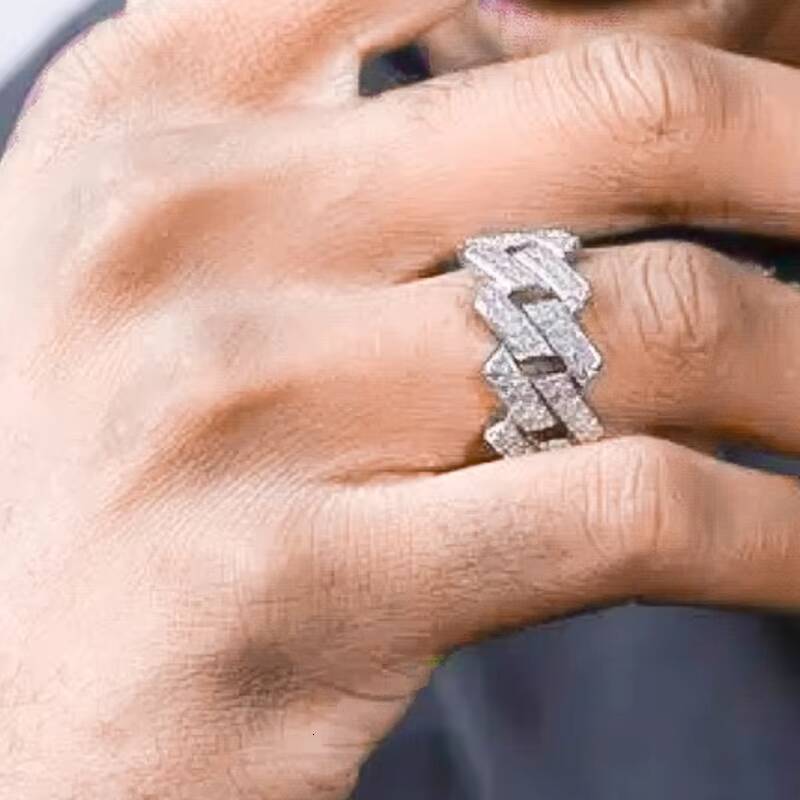 Pass Diamond Tester Hip Hop Bling D Color Moissanite Iced Out Mens 2 Rows Cuban Link Ring With 925 Sterling Silver GRA