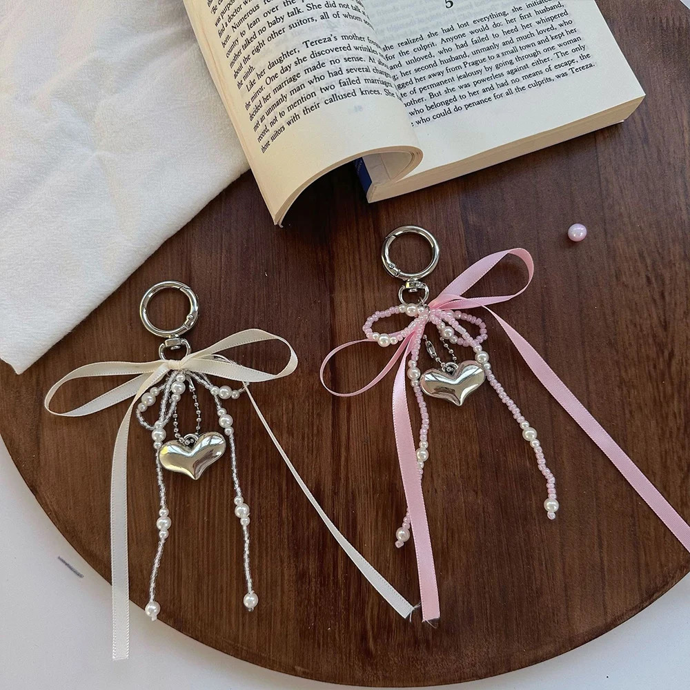 Y2k Beaded Key Chain White Pearl Bow Keychain Decoration For Bags Phones Korean Ribbon Key Ring Fashion Bag Hanging Accessories 260107