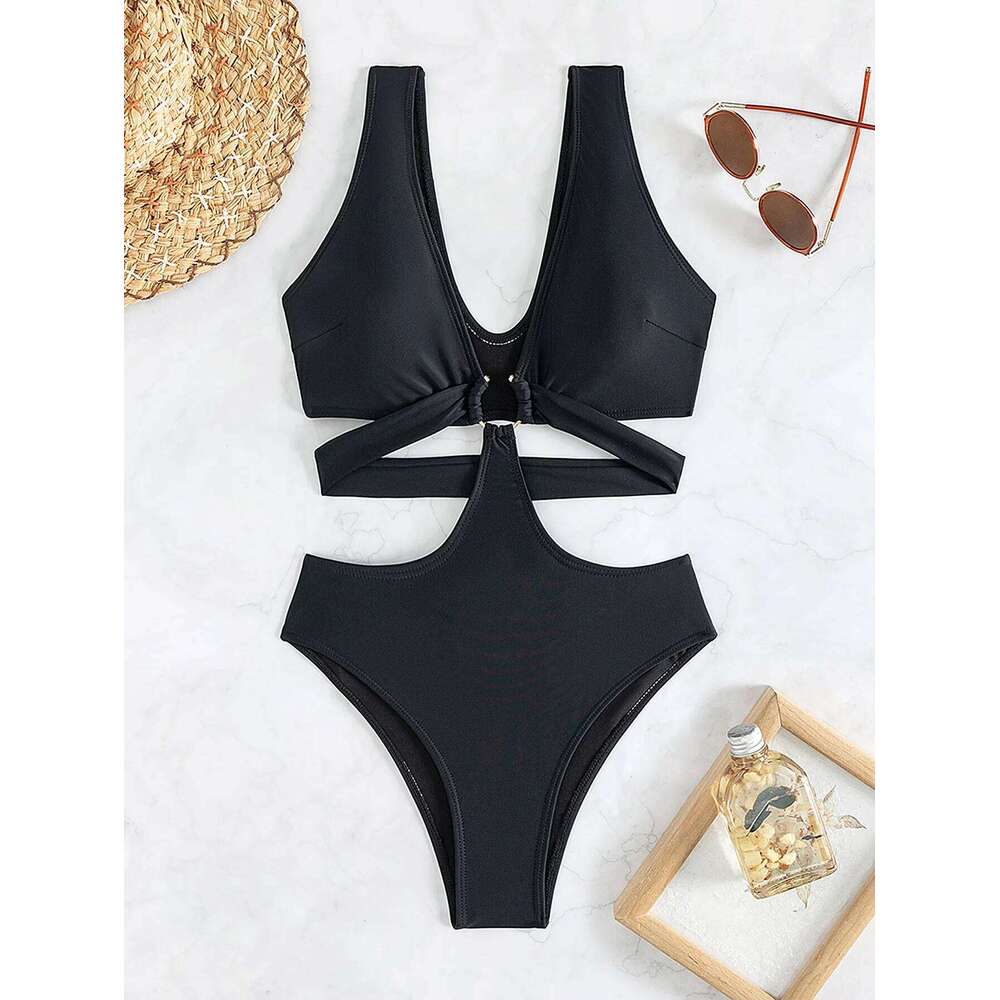 Sexy Black Knotted One Piece Swimsuit for Women Cross Back Hollow Out Bathing Suit 2023 Summer Beach High Cut Monokini Swimwear C260207