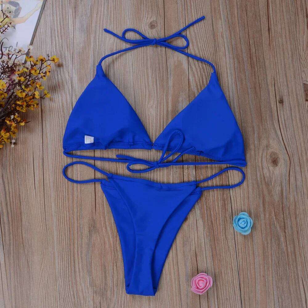 Sexy Women Bikini Lingerie Set Side Tie Swimsuit T--back Low Rise Thong Bandage Style Brazilian Swimwear Soft Solid Underwear C260207