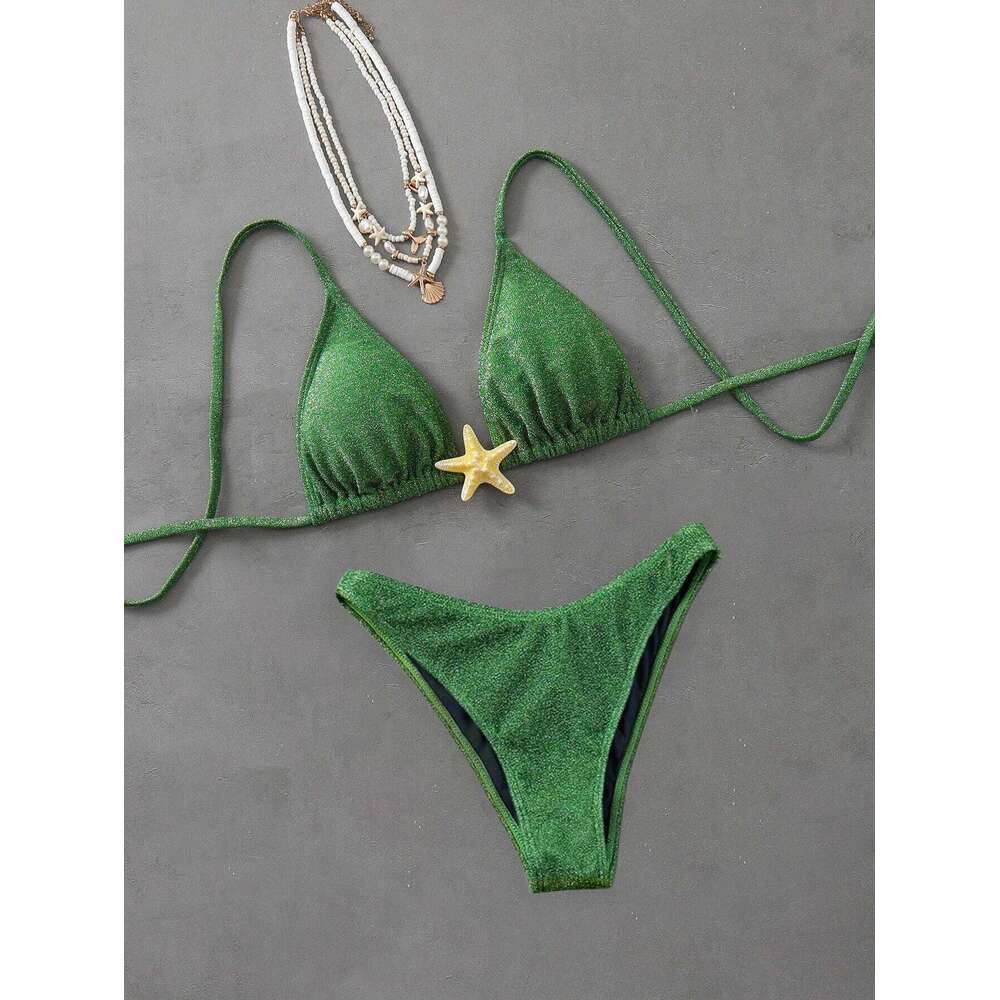 2026 New Sexy Halter Bikini Set Starfish Accessories Swimwear Women's Swimsuit Beachwear Black Green Lacing Up Bathing Suit C260207