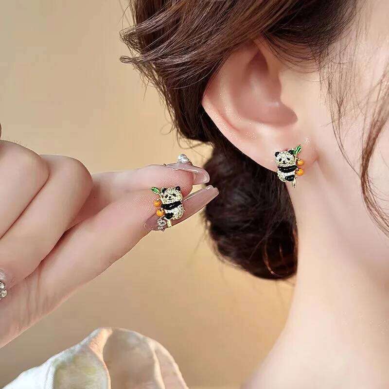 Panda New Chinese Style China Chic Bamboo Embracing Fashion Design Sense Advanced Versatile Earrings Yuansiqi