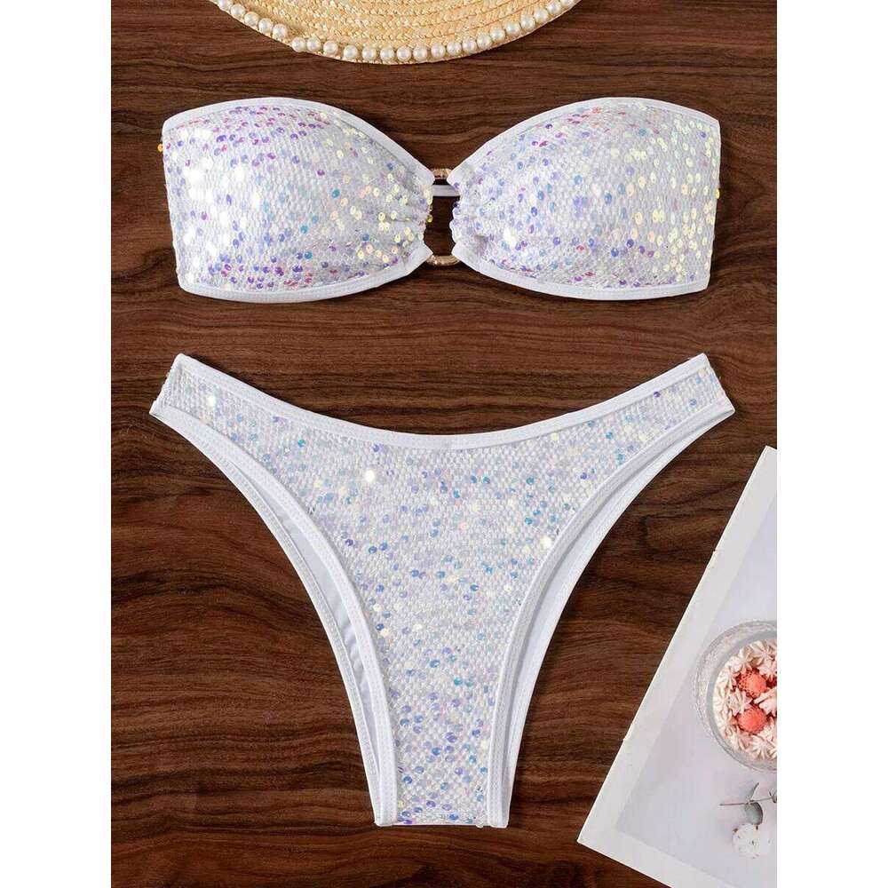 Sequins Shiny Mesh Bandeau Female Swimsuit Women Swimwear Two-pieces Bikini Set Brazilian Bather Bathing Suit Swim Lady C260207